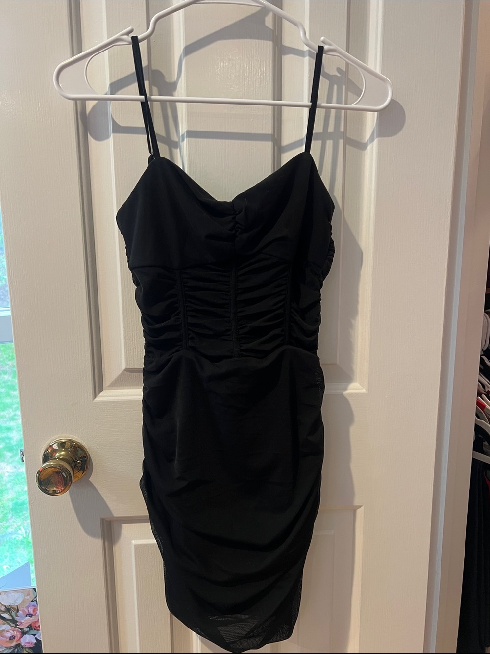 Katie J NYC Black Ruched Spaghetti-Strap Mini Dress